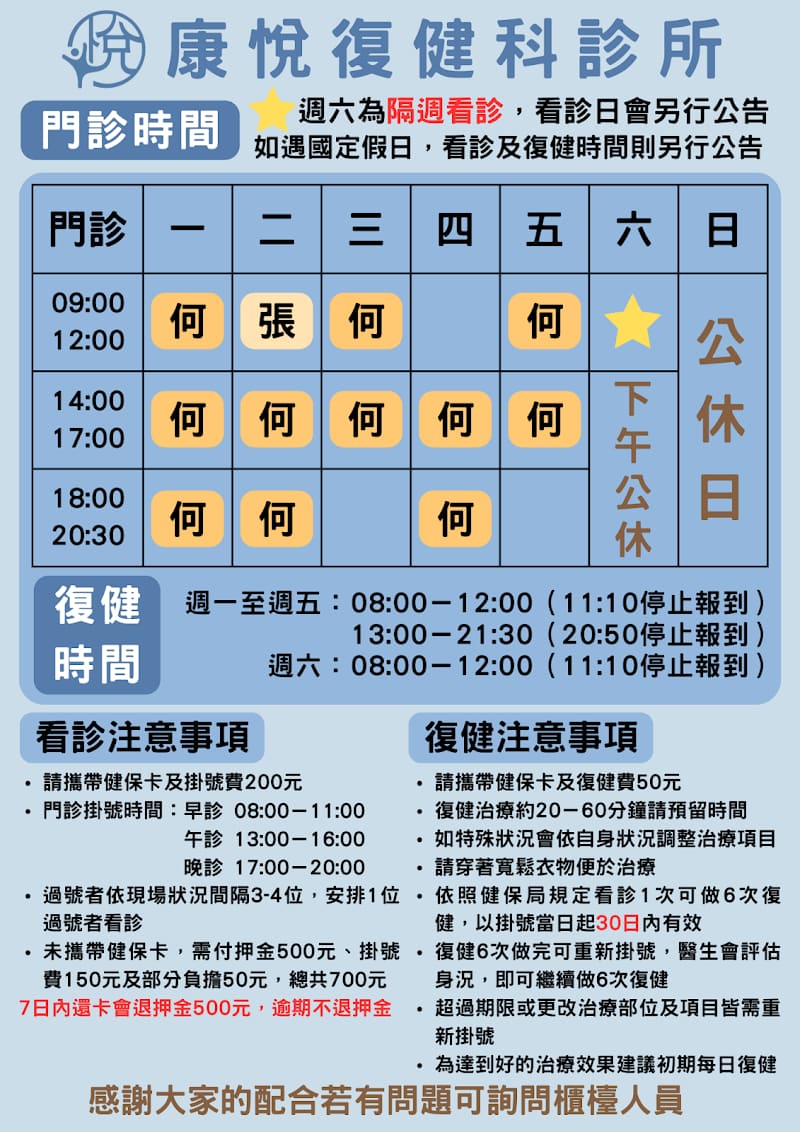 康悅復健科診所Kang Yue/骨科復健/兒童復健/語言治療/精準徒手/數位X光檢查/高解析超音波檢查/運動傷害/體外震波/增生療法/PRP療法